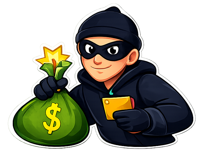 Cartoon scammer holding money bag